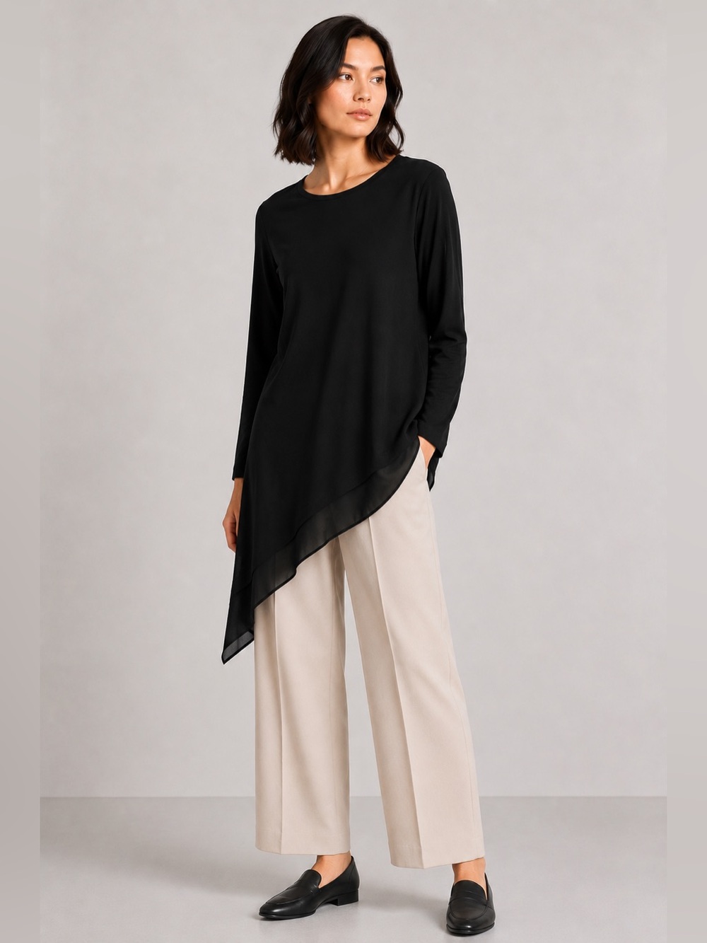 Eileen Fisher Silk Asymmetrical Tunic Top Black Long Sleeve Minimalist 3/4 Small